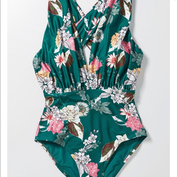 ModCloth Lauren green floral plunge one piece - Picture 5 of 13